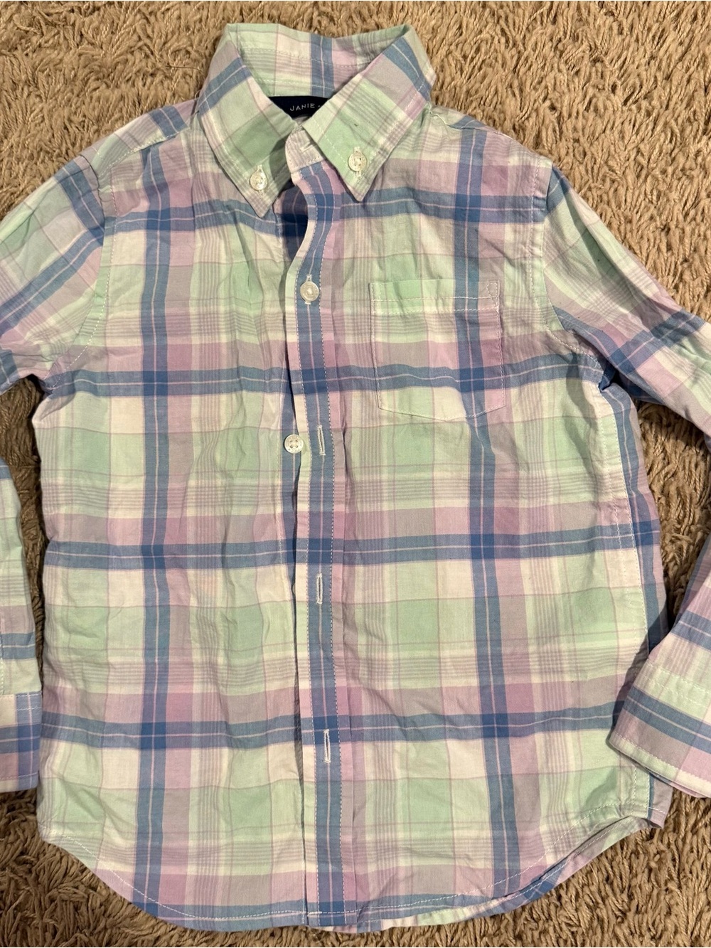 Janie and Jack Pastel Plaid Button-Down Shirt - Mint Green, Lavender, Light Blue